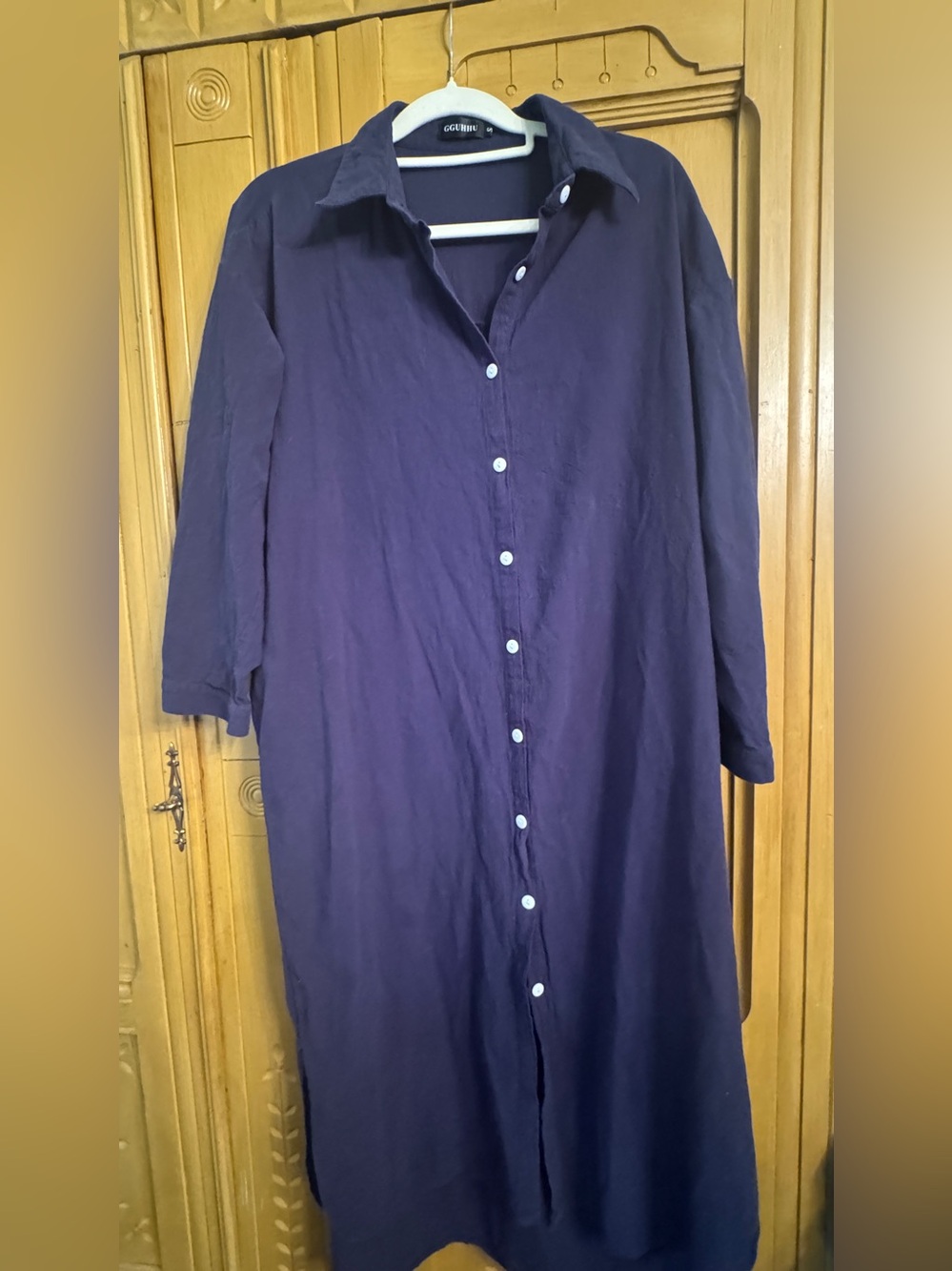 Cotton Shirt Dress Navy Button Front Small High Low Hem Midi Maxi